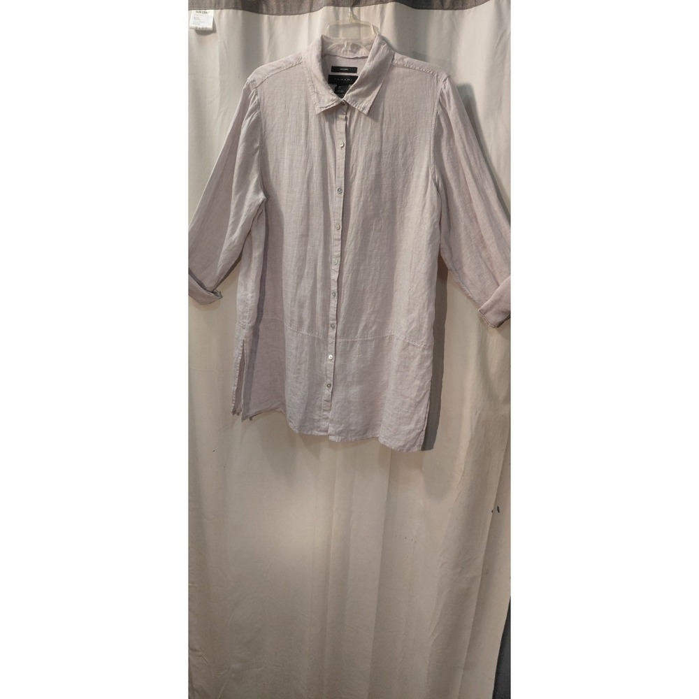 CHICO'S 100% Linen Gray Roll Sleeve Button Front Tunic Top, Size L Beachy